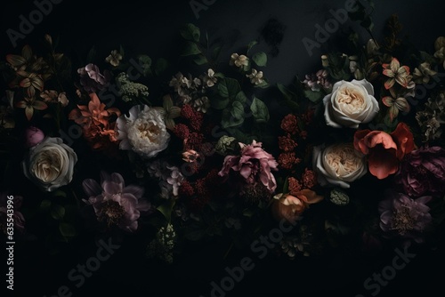 Floral banner with botanical backdrop, dark paper flowers, gothic border, and empty floral card. Generative AI