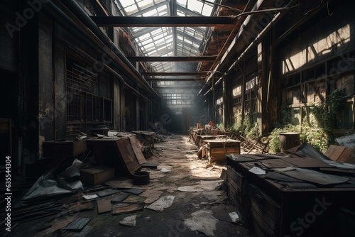 Interior of a dilapidated factory. Generative AI