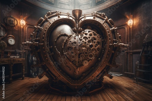 Heart-shaped steampunk-themed backdrop. Generative AI