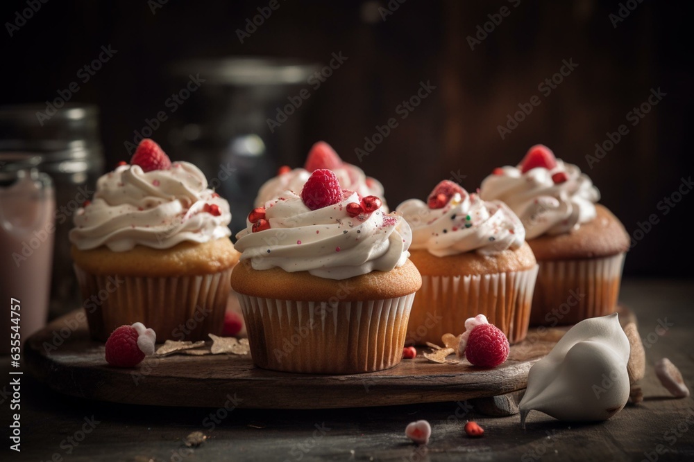 Delicious cupcakes topped with heart-shaped cream. Generative AI