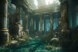 Underwater ruins with aged columns submerged in sea, concealing a ruined city. 3D artwork depicting a forgotten civilization. Generative AI