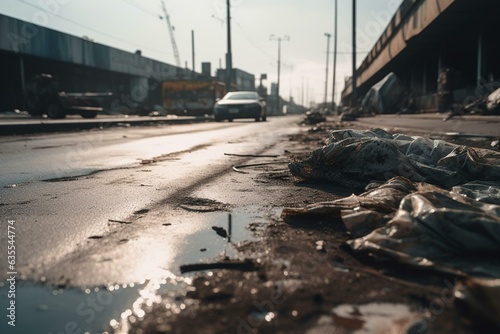 Polluted road with discarded surgical mask. Generative AI © Beatriz