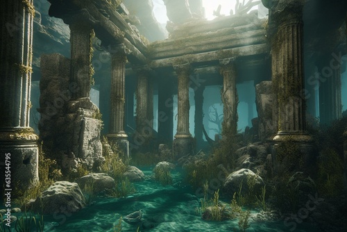 Underwater ruins with aged columns submerged in sea, concealing a ruined city. 3D artwork depicting a forgotten civilization. Generative AI