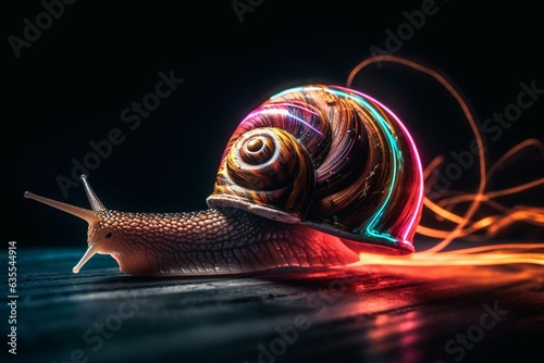 Colorful, abstract snail speeds with light trails. Generative AI