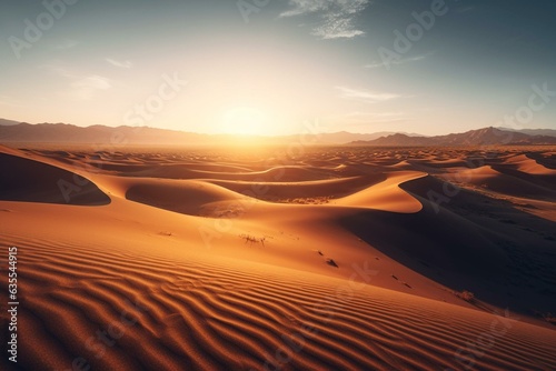Serene desert vista with undulating sand dunes beneath a mesmerizing gradient sky at dawn. Generative AI