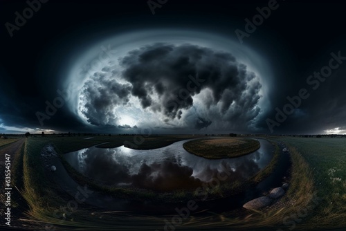 Moonlit thunderstorm under dark sky captured in a 360-degree HDRI map. 3D rendered spherical panorama environment. Generative AI