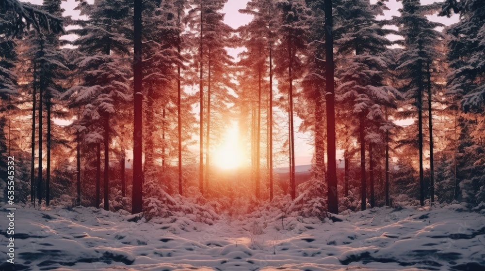Obraz premium Exotic view of snow-capped forest on a frosty day. created with Generative AI technology