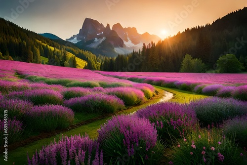 lavender field at sunset at mountain generated by AI tool