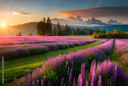 lavender field at sunset at mountain generated by AI tool