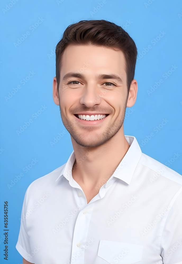 Young russian, britain, american, canadian, european, handsome smart man smiling portrait, wearing white shirt in blue background Young russian, britain, american, canadian, european, handsome smart man smiling portrait, wearing white shirt in blue background