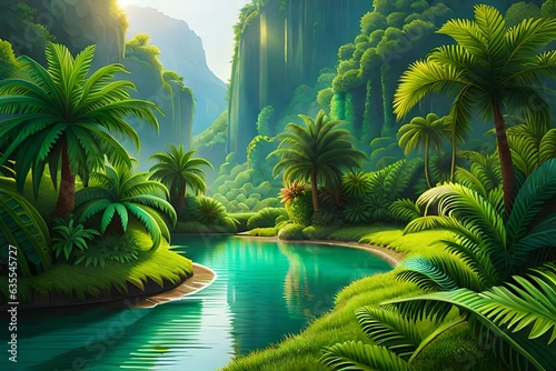 tropical island with palm trees and river generated by AI tool