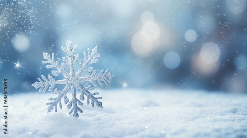 Snow background. Close-up of snowflake on white snow. created with Generative AI technology Snow background. Close-up of snowflake on white snow. created with Generative AI technology