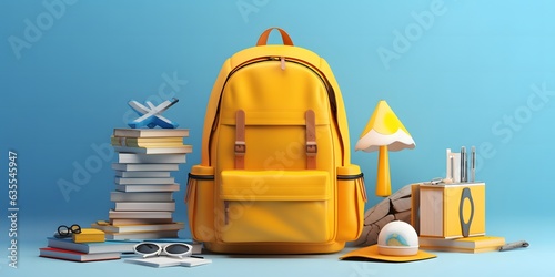 Back to school. Yellow backpack with books and school stuff on blue background 3D Rendering, 3D Illustration