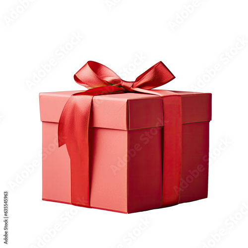 Red gift box on transparent background with embossed leather Focused view holiday concept Text space available