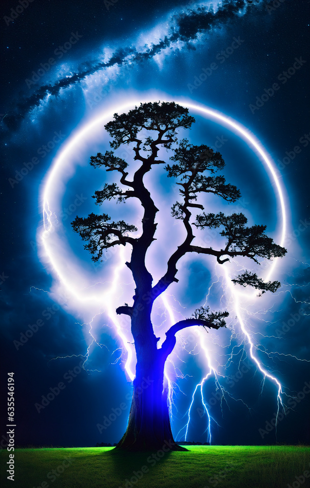 Fantasy landscape with a big tree and lightning. Generative AI.