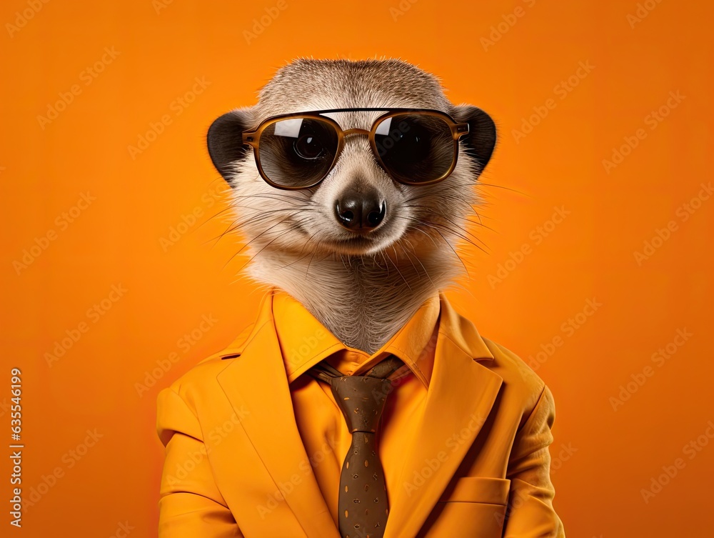 Portrait of a cute posing stylish meerkat in vibrant business suit wearing sunglasses, light orange background