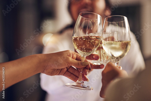 фотографія Celebration, people hands and champagne toast for achievement, party event or holiday reunion