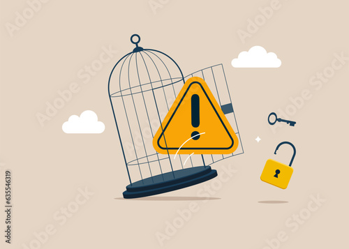 Exclamation attention sign with key free himself from cage. Solving problem, identify risk or critical failure concept. Flat vector illustration.