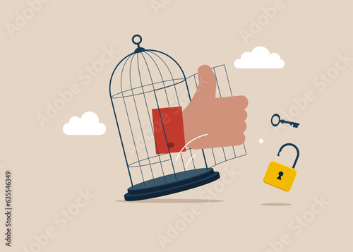 Thumb up with key free himself from cage. Solving problem, identify risk or critical failure concept. Flat vector illustration.