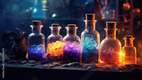 Mysterious potion bottles and ingredients