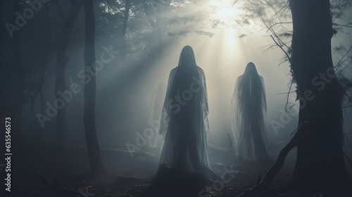 Ghostly apparitions in a misty forest