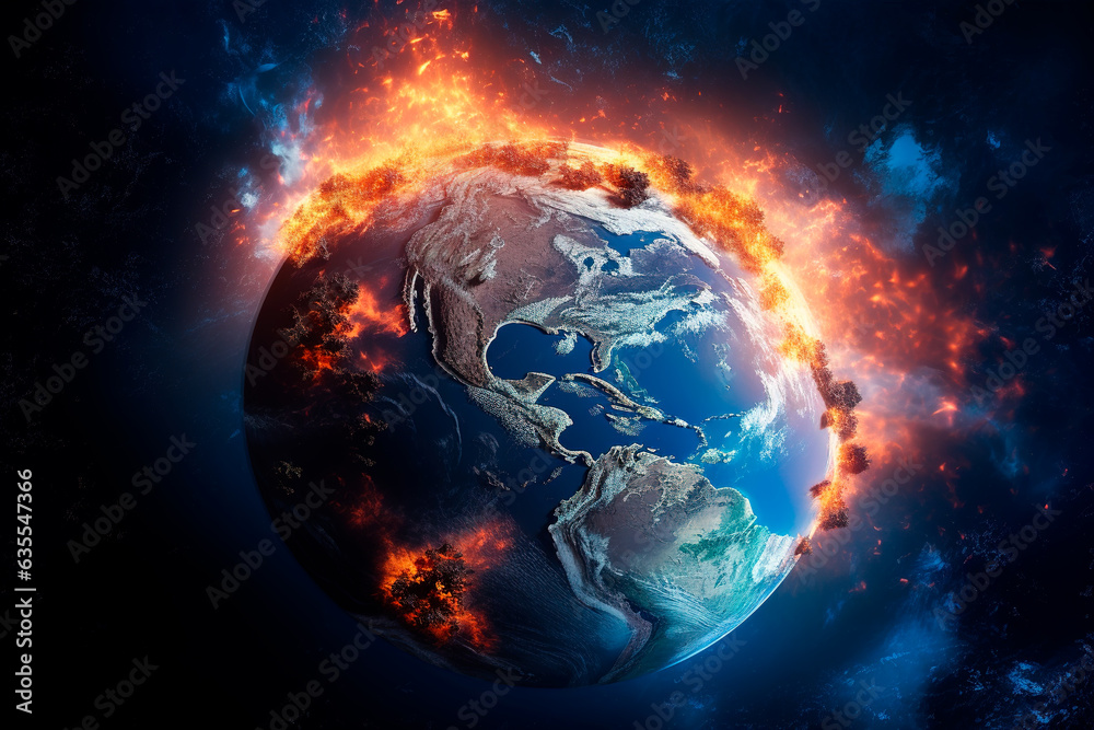 Planet Earth burning in flames because of the planet warming or for the fires from the space. Concept: Global warming will increase the planet temperature. Generative ai. Planet Earth burning in flames because of the planet warming or for the fires from the space. Concept: Global warming will increase the planet temperature. Generative ai.