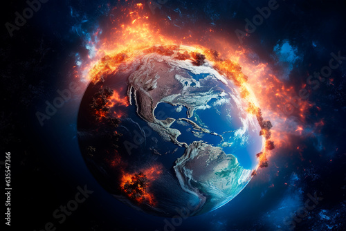 Planet Earth burning in flames because of the planet warming or for the fires from the space. Concept  Global warming will increase the planet temperature. Generative ai.