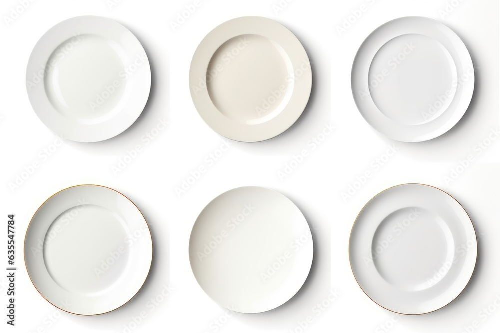 set of various plates of food isolated on white