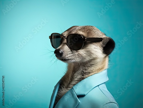 Portrait of a cute posing stylish meerkat in vibrant business suit wearing sunglasses, light blue background