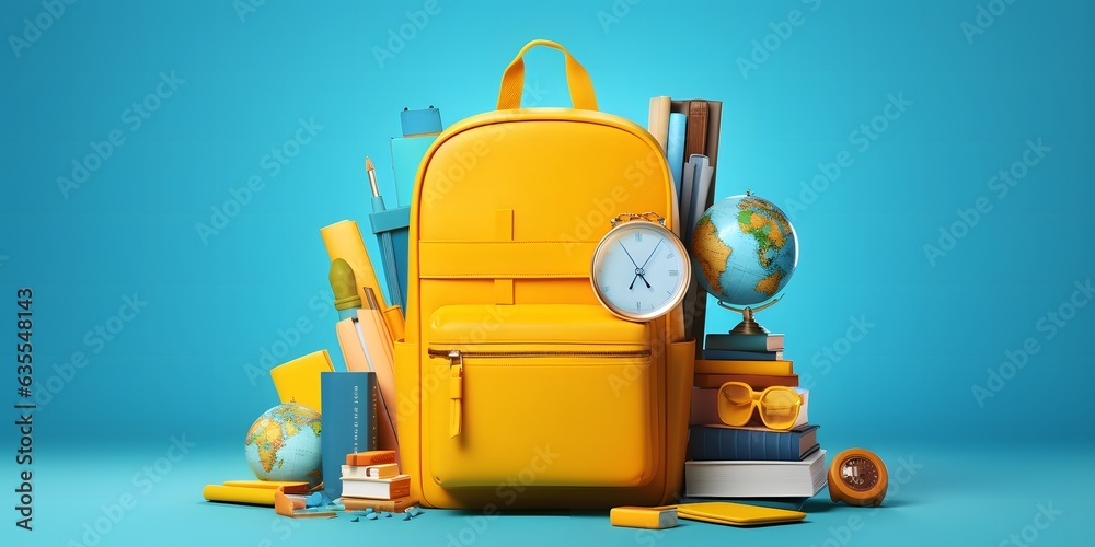 Fototapeta premium Back to school. Yellow backpack with books and school stuff on blue background 3D Rendering, 3D Illustration