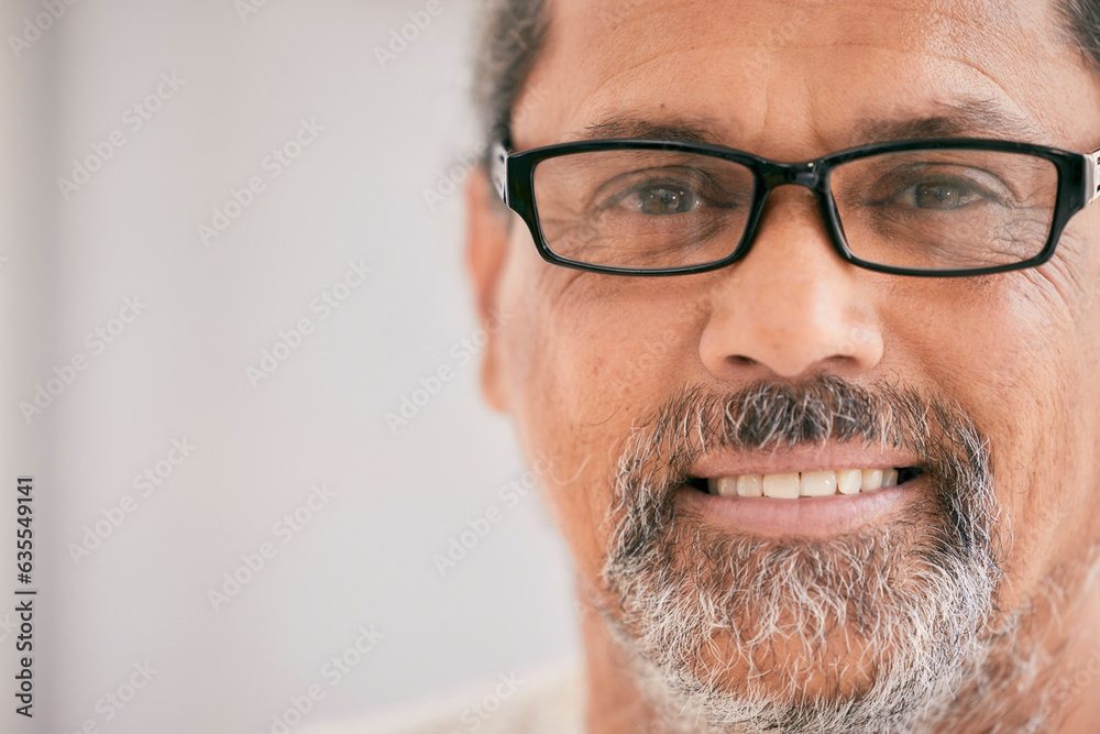 Portrait, smile and glasses for vision with a man on mockup space for an optometry appointment. Face, mockup and eyewear frame with a mature male customer at the optician for an eye test or exam Portrait, smile and glasses for vision with a man on mockup space for an optometry appointment. Face, mockup and eyewear frame with a mature male customer at the optician for an eye test or exam