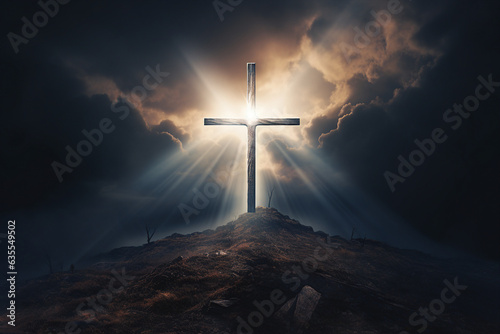 Generative AI picture of the holy cross symbolizing death and resurrection of Jesus Christ over sky