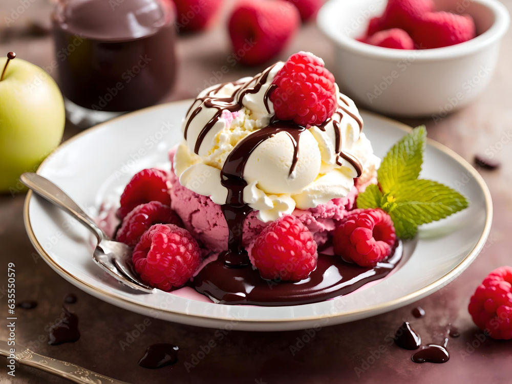 Raspberry and apple ice cream topped with whipped cream and chocolate sauce, Generative AI Raspberry and apple ice cream topped with whipped cream and chocolate sauce, Generative AI