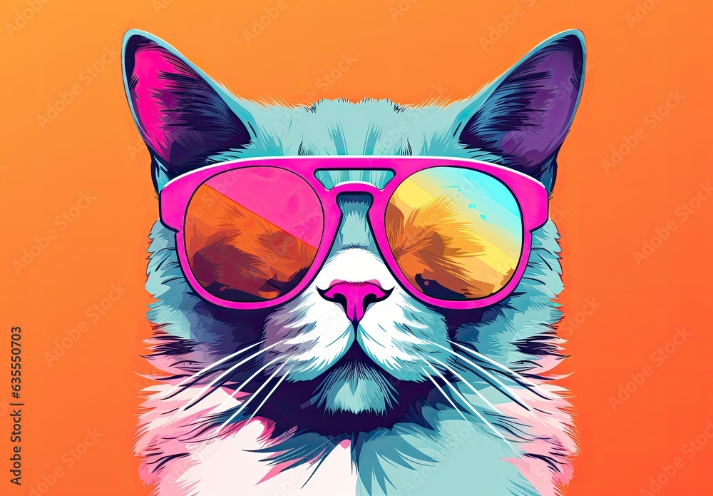 The muzzle of a stylish cat posing in sunglasses is painted with watercolors. Close portrait of furry kitty. Printable design for t-shirt, bag, postcard, case and other products.