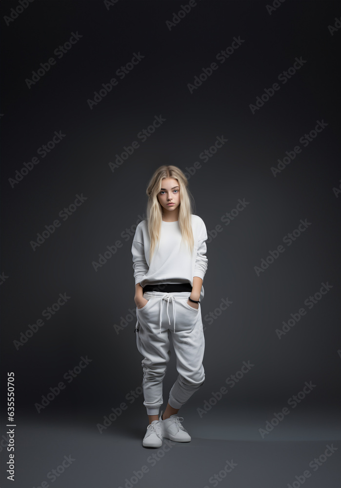 adolescente de 13 ans vue de face avec un haut blanc pour insertion de logo adolescente de 13 ans vue de face avec un haut blanc pour insertion de logo