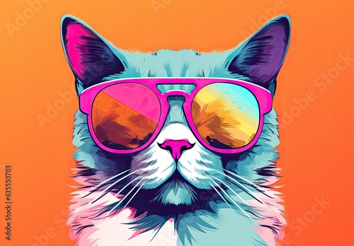 The muzzle of a stylish cat posing in sunglasses is painted with watercolors. Close portrait of furry kitty. Printable design for t-shirt, bag, postcard, case and other products. © Login