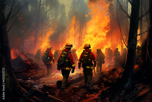 A firemen squad working in a fire in the woods. Concept: The rising of the temperatures increases the risk of fires in the forest. Generative ai.