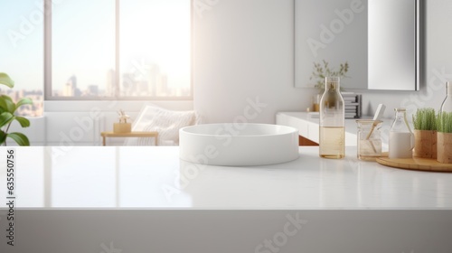 Modern sink on white countertop in modern white bathroom with window
