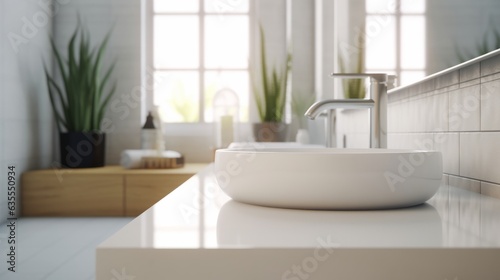 Stylish vessel sink on white countertop in modern white bathroom with green plant and window