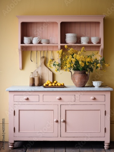 Photo of a colorful cabinet adorned with vibrant flowers and decorative plates created with Generative AI technology © AI Visual Vault