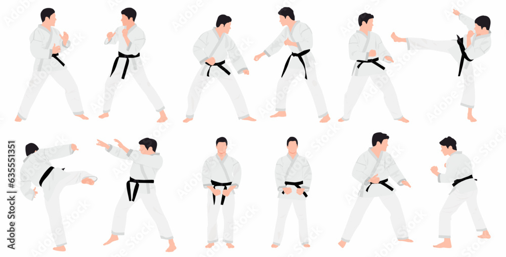 set of Karate people vector illustration. Karate player in different action pose. Combat skill for self defense. flat vector illustration. 