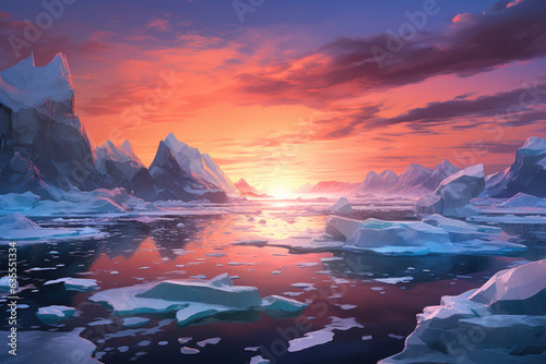 "Twilight Coral Skies Over Icy Antarctic Landscape" 