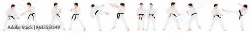 set of Karate people vector illustration. Karate player in different action pose. Combat skill for self defense. flat vector illustration. 