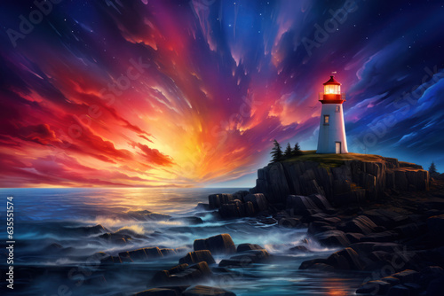 Lighthouse Beam Mingles with Radiant Aurora Colors