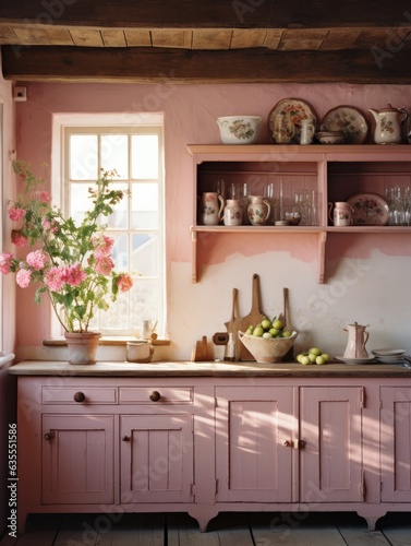 Photo of a beautifully decorated pink kitchen with a vibrant vase of flowers on the counter created with Generative AI technology