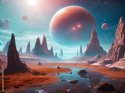 Scene with life on a fantasy extraterrestrial planet, 