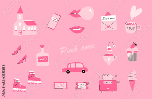 Pink girly items set. Popular vector collection, vector illustration. Glamorous trendy pink stickers set. Nostalgic pinkcore 2000s style collection bundle. Isolated glamour fashion elements