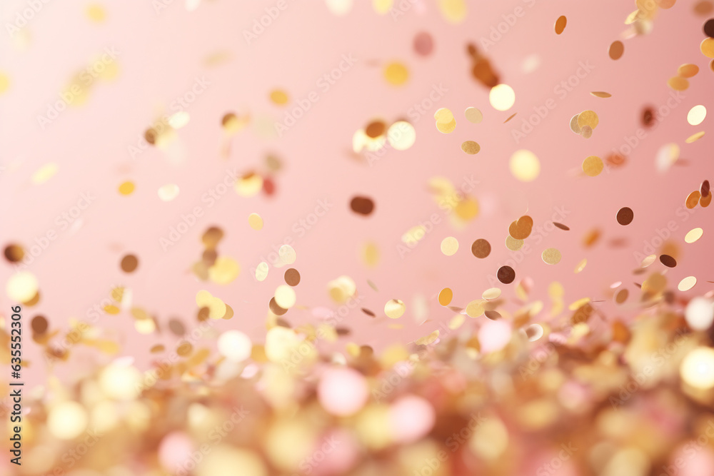 golden flying confetti on a pastel pink background for your festive ...