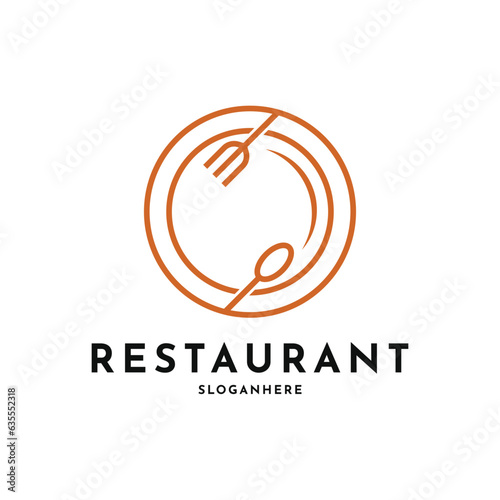 restaurant food logo design concept with, spoon, fork and plate, shape circle
