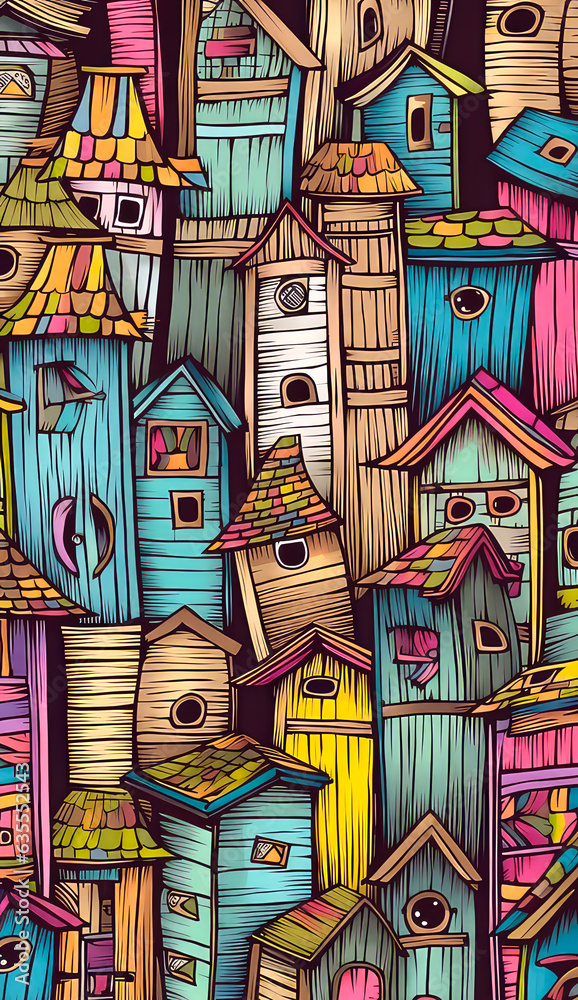 Illustration of colorful houses. House painting in oil and acrylic. Post-processed generative AI
